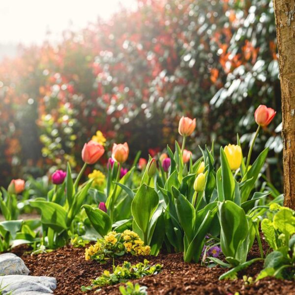 Inspiration für Rindenhumus mit bunten Tulpen